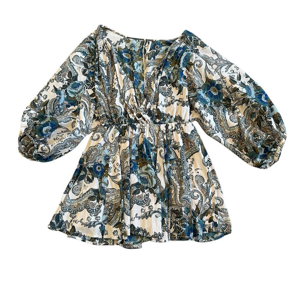 Free People Bold Bohemian Print Mini Dress Flowy Wide Sleeves Size XS Women's